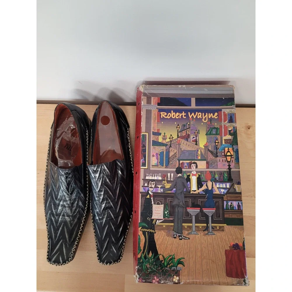 Robert Wayne Jordan Loafers Mens Size 12 Black Silver Chevron Whipstitch Shoes
